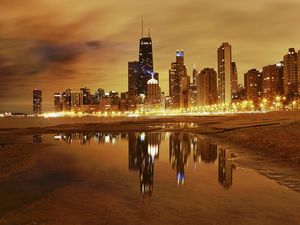 Preview wallpaper city, chicago, night, lights, lake