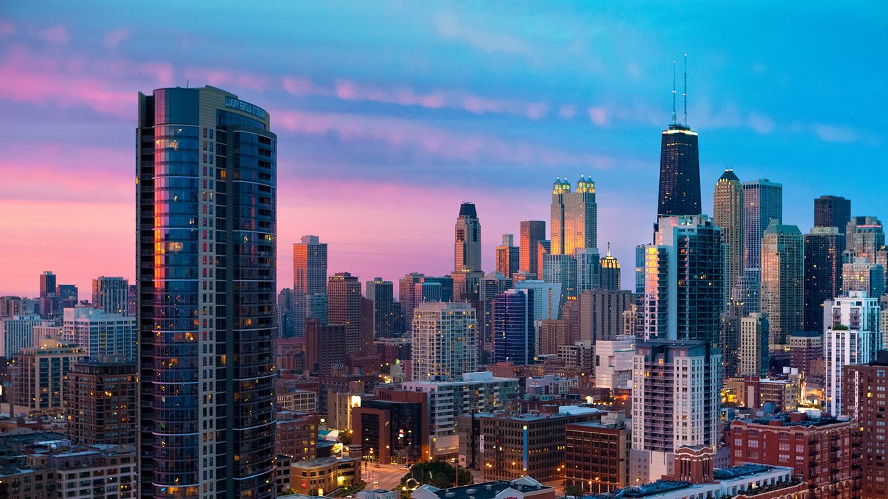 Wallpaper city, chicago, sunset, skyscrapers