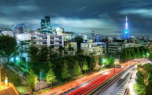 Preview wallpaper city, china, buildings, skyscrapers, trees, road, hdr