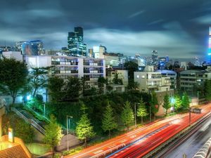 Preview wallpaper city, china, buildings, skyscrapers, trees, road, hdr