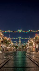 Preview wallpaper city, christmas, new year, road, sky, lights, holiday