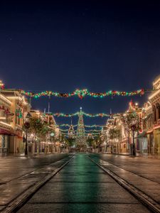 Preview wallpaper city, christmas, new year, road, sky, lights, holiday