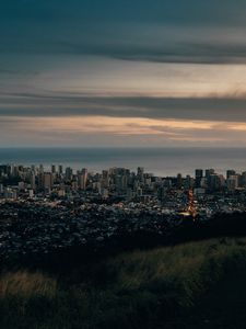 Preview wallpaper city, cityscape, aerial view, buildings, sunset