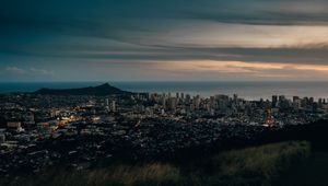 Preview wallpaper city, cityscape, aerial view, buildings, sunset