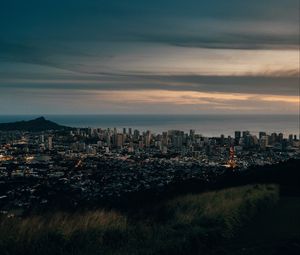 Preview wallpaper city, cityscape, aerial view, buildings, sunset