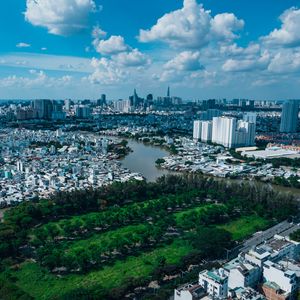 Preview wallpaper city, cityscape, river, aerial view