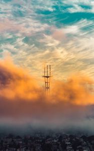 Preview wallpaper city, clouds, aerial view, tower, height