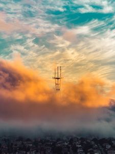 Preview wallpaper city, clouds, aerial view, tower, height