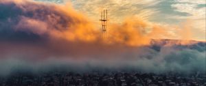 Preview wallpaper city, clouds, aerial view, tower, height