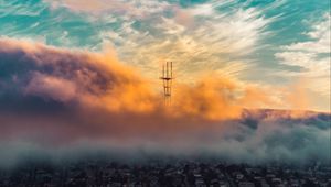 Preview wallpaper city, clouds, aerial view, tower, height
