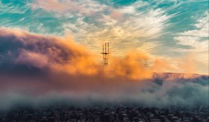 Preview wallpaper city, clouds, aerial view, tower, height