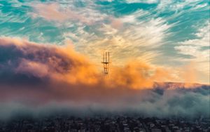 Preview wallpaper city, clouds, aerial view, tower, height