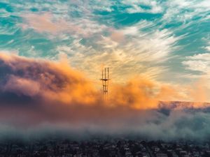 Preview wallpaper city, clouds, aerial view, tower, height