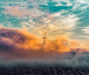 Preview wallpaper city, clouds, aerial view, tower, height