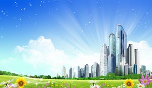 Preview wallpaper city, clouds, meadow, flowers, shining