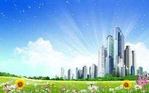 Preview wallpaper city, clouds, meadow, flowers, shining