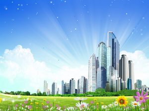 Preview wallpaper city, clouds, meadow, flowers, shining