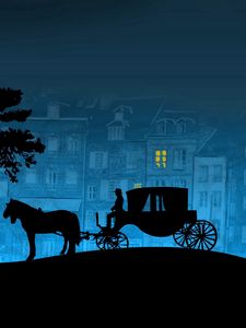 Preview wallpaper city, coach, horse, tree