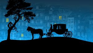 Preview wallpaper city, coach, horse, tree