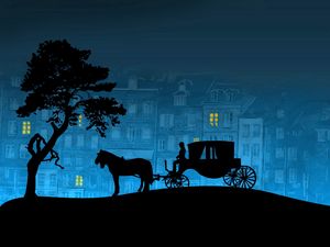 Preview wallpaper city, coach, horse, tree