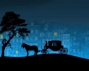 Preview wallpaper city, coach, horse, tree