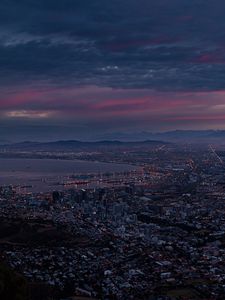 Preview wallpaper city, coast, aerial view, buildings, dusk, dark