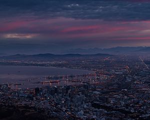 Preview wallpaper city, coast, aerial view, buildings, dusk, dark