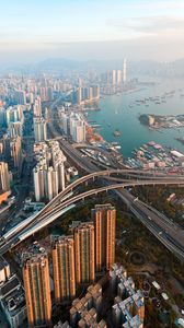 Preview wallpaper city, coast, aerial view, buildings, skyscrapers, metropolis, hong kong