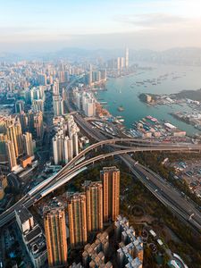 Preview wallpaper city, coast, aerial view, buildings, skyscrapers, metropolis, hong kong