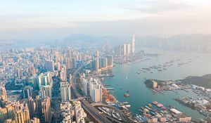 Preview wallpaper city, coast, aerial view, buildings, skyscrapers, metropolis, hong kong