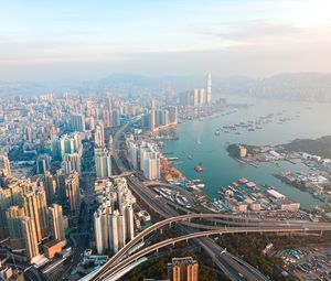 Preview wallpaper city, coast, aerial view, buildings, skyscrapers, metropolis, hong kong