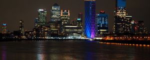 Preview wallpaper city, coast, buildings, night, lights, water, reflection