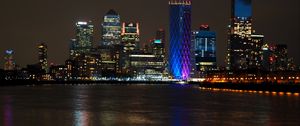 Preview wallpaper city, coast, buildings, night, lights, water, reflection