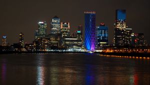 Preview wallpaper city, coast, buildings, night, lights, water, reflection