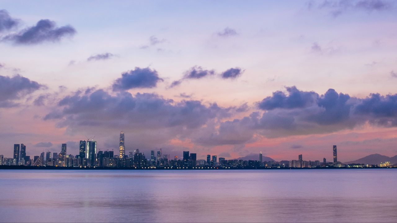 Wallpaper city, coast, dusk, water, view