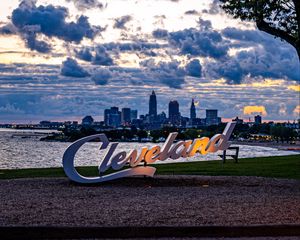 Preview wallpaper city, coast, inscription, view, cleveland, usa