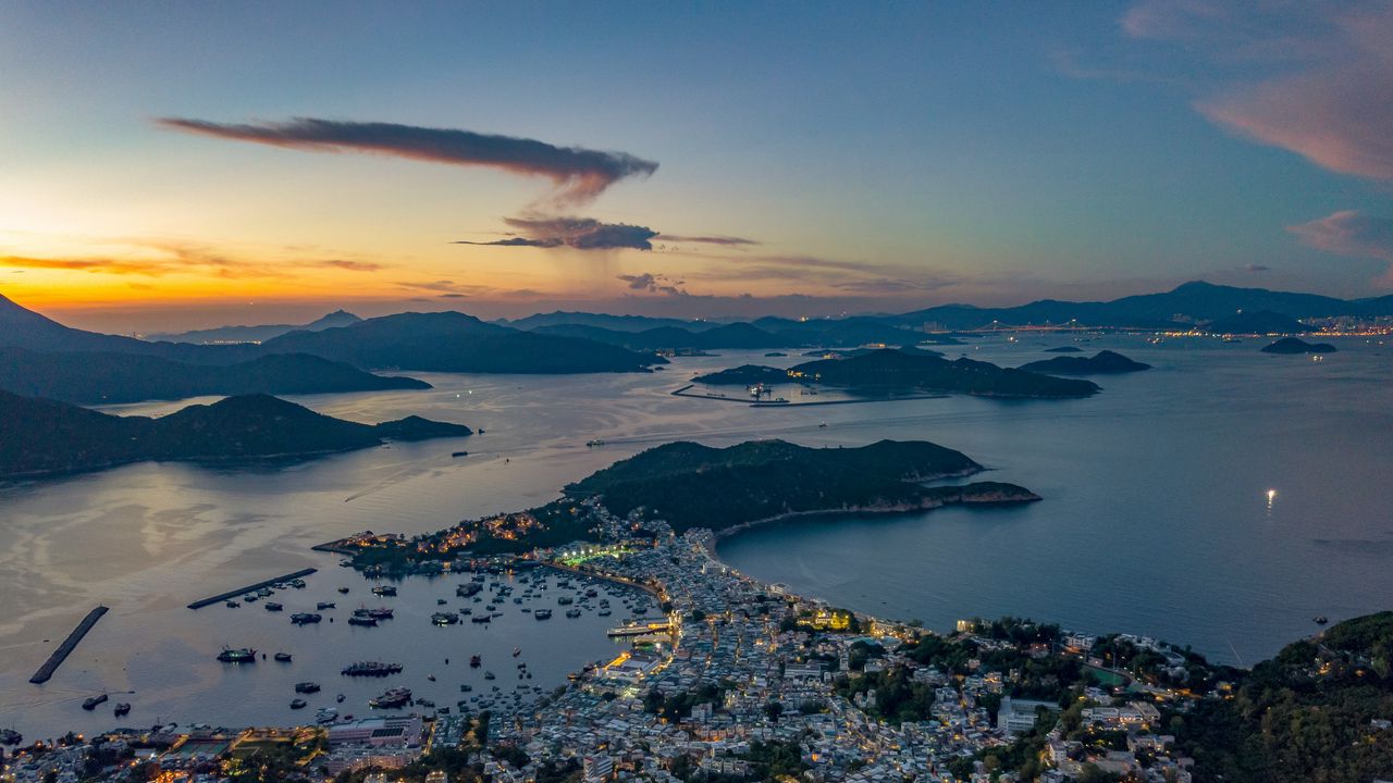 Wallpaper city, coast, mountains, sunset