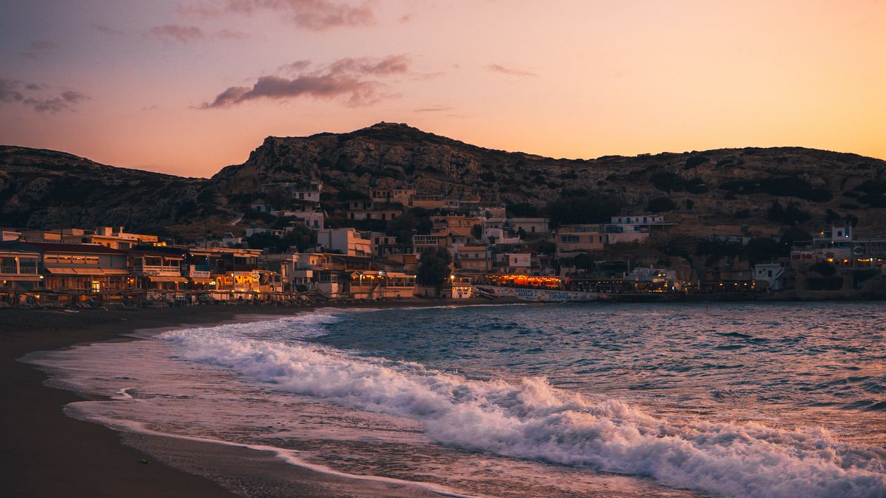 Wallpaper city, coast, rocks, sea, sunset
