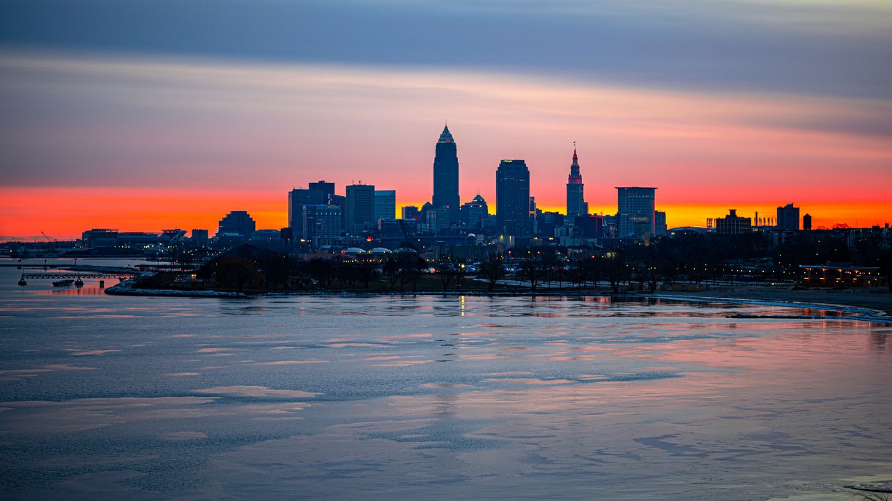 Wallpaper city, coast, sunset, buildings