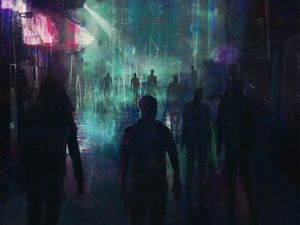 Preview wallpaper city, crowd, silhouettes, cyberpunk, art, night city