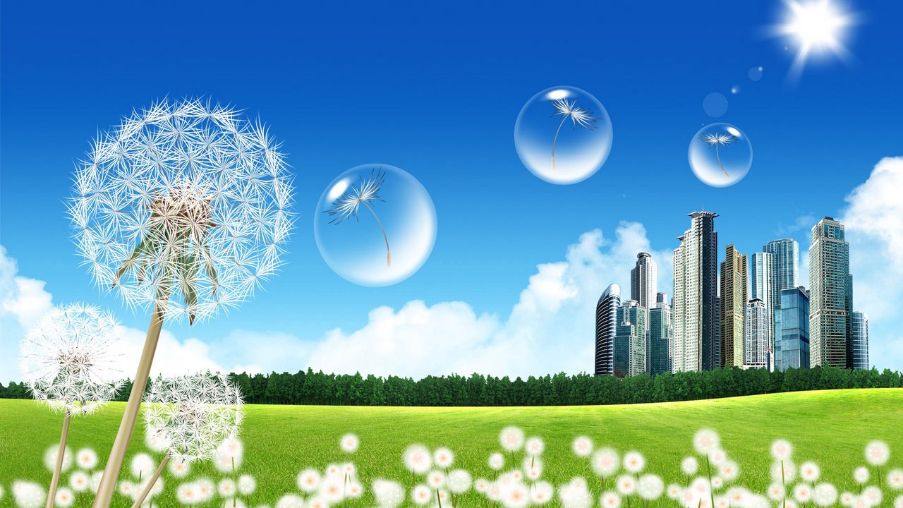 Wallpaper city, dandelion, bubbles, flying