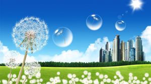 Preview wallpaper city, dandelion, bubbles, flying
