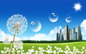 Preview wallpaper city, dandelion, bubbles, flying