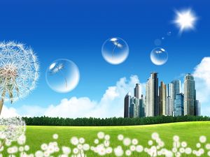 Preview wallpaper city, dandelion, bubbles, flying