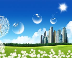 Preview wallpaper city, dandelion, bubbles, flying