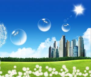 Preview wallpaper city, dandelion, bubbles, flying