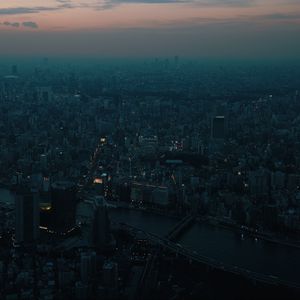 Preview wallpaper city, dawn, aerial view, smog, metropolis