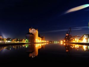 Preview wallpaper city, dock, port, pipe, lights, night