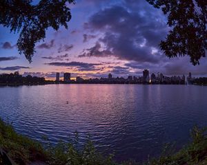 Preview wallpaper city, dusk, branches, water, waves