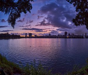 Preview wallpaper city, dusk, branches, water, waves